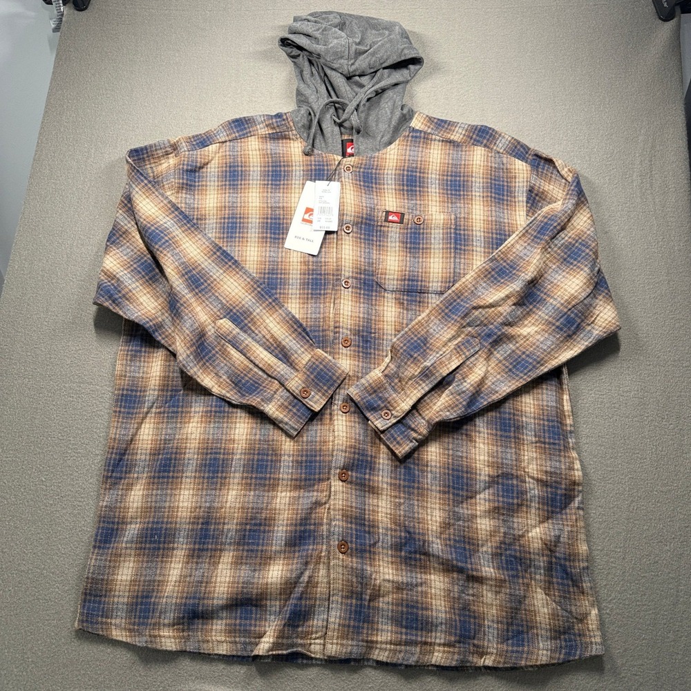 Quiksilver Hooded Flannel Shirt Mens 2X Khaki Plaid Button Up QSFLNHD02KL